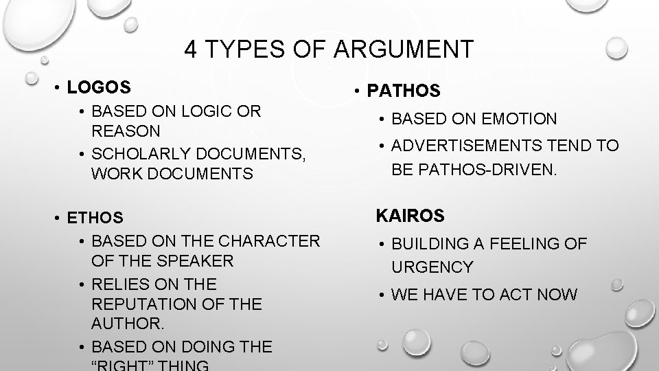 4 TYPES OF ARGUMENT • LOGOS • BASED ON LOGIC OR REASON • SCHOLARLY