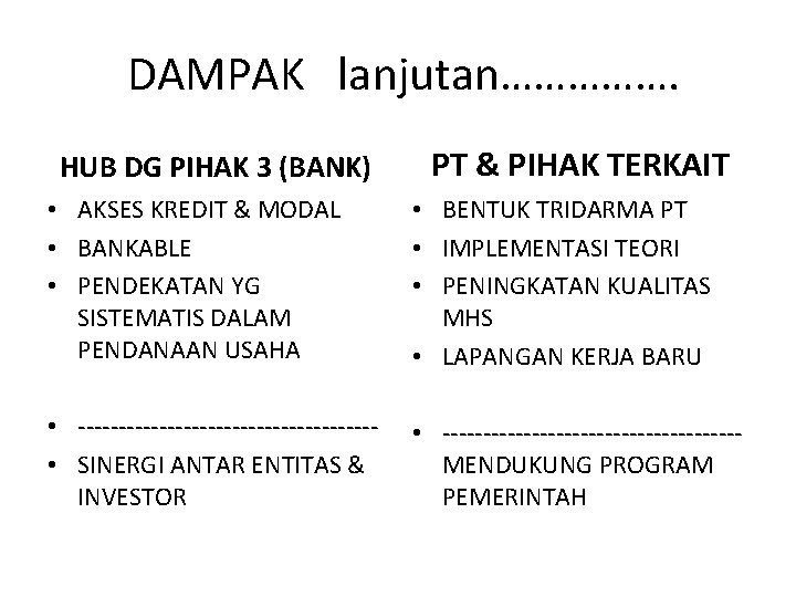 DAMPAK lanjutan……………. HUB DG PIHAK 3 (BANK) PT & PIHAK TERKAIT • AKSES KREDIT