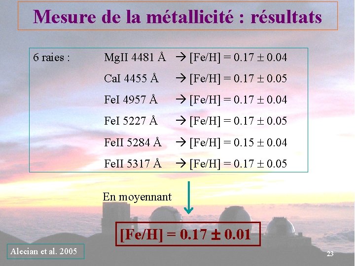 Mesure de la métallicité : résultats 6 raies : Mg. II 4481 Å [Fe/H]