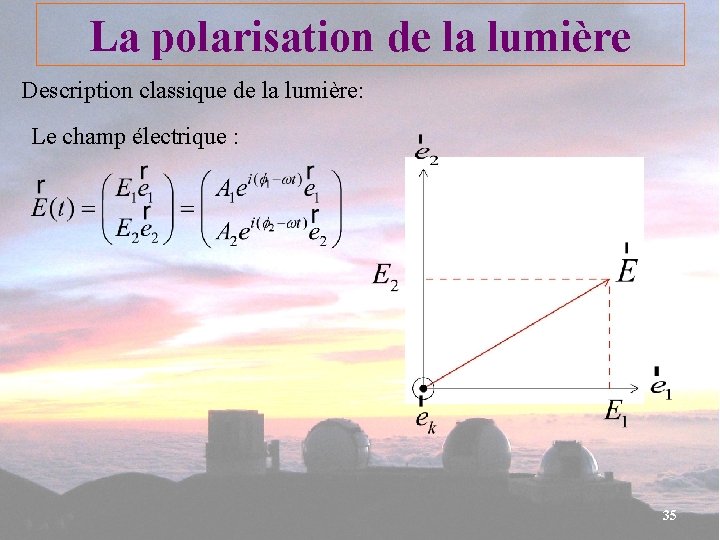 La polarisation de la lumière Description classique de la lumière: Le champ électrique :