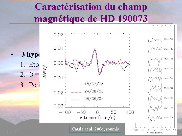 Caractérisation du champ magnétique de HD 190073 • 3 hypothèses différentes : 1. Etoile