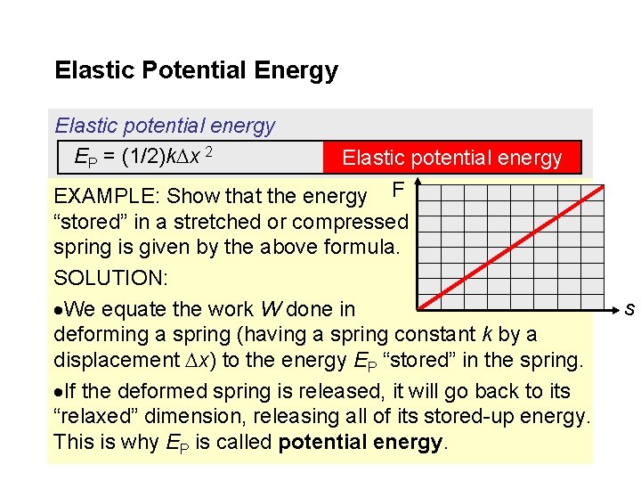 Elastic Potential Energy Elastic potential energy EP = (1/2)k x 2 Elastic potential energy