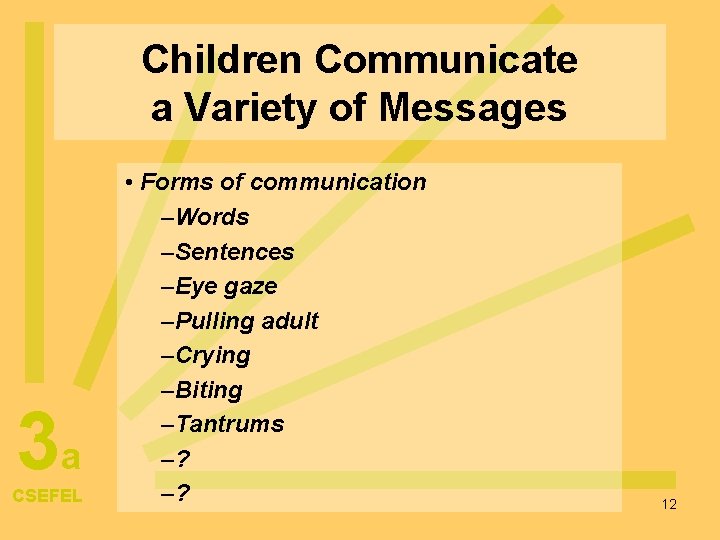 Children Communicate a Variety of Messages 3 a CSEFEL • Forms of communication –Words