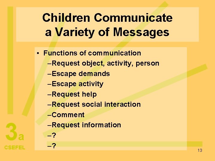 Children Communicate a Variety of Messages 3 a CSEFEL • Functions of communication –Request