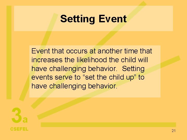 Setting Event that occurs at another time that increases the likelihood the child will
