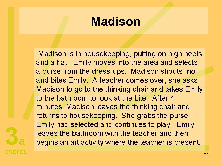 Madison 3 a CSEFEL Madison is in housekeeping, putting on high heels and a