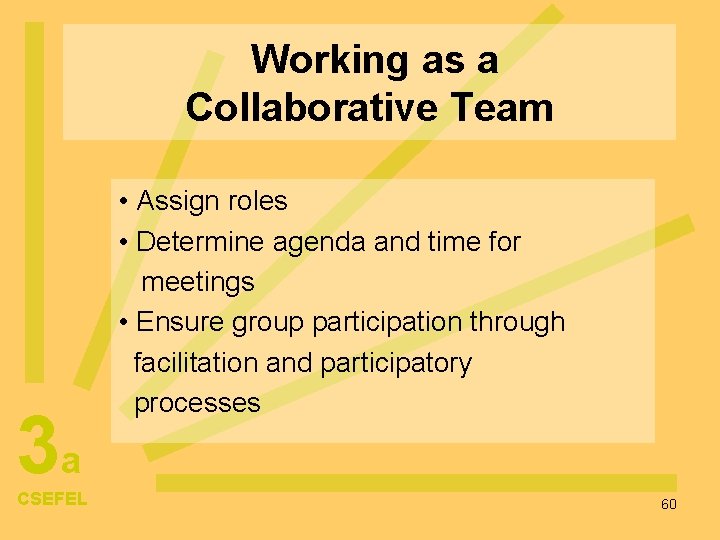 Working as a Collaborative Team 3 a CSEFEL • Assign roles • Determine agenda
