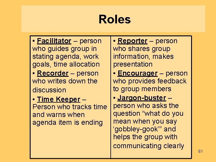 Roles • Facilitator – person who guides group in stating agenda, work goals, time