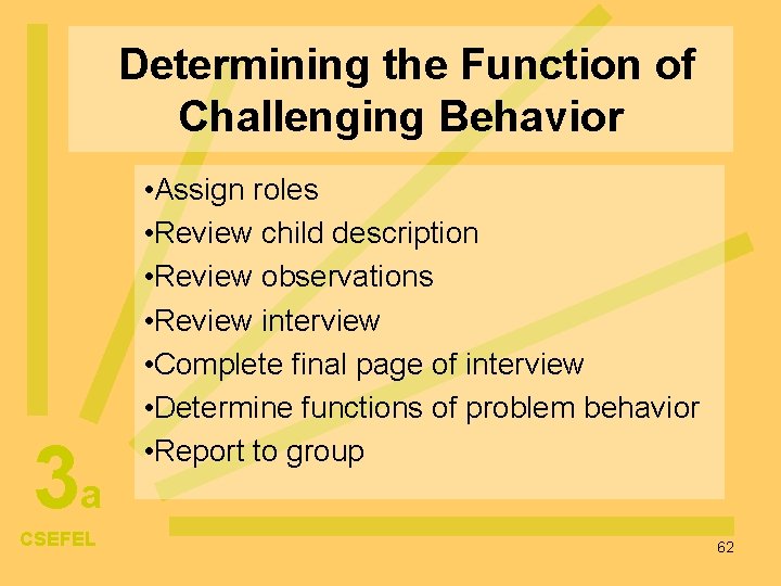 Determining the Function of Challenging Behavior 3 a CSEFEL • Assign roles • Review