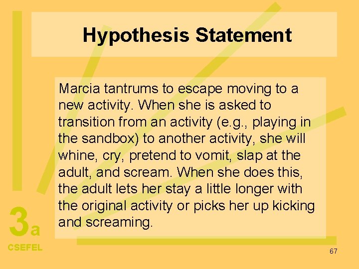 Hypothesis Statement 3 a CSEFEL Marcia tantrums to escape moving to a new activity.