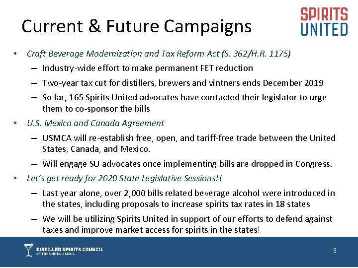 Current & Future Campaigns • Craft Beverage Modernization and Tax Reform Act (S. 362/H.