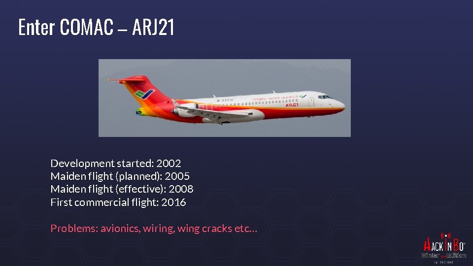 Enter COMAC – ARJ 21 Development started: 2002 Maiden flight (planned): 2005 Maiden flight