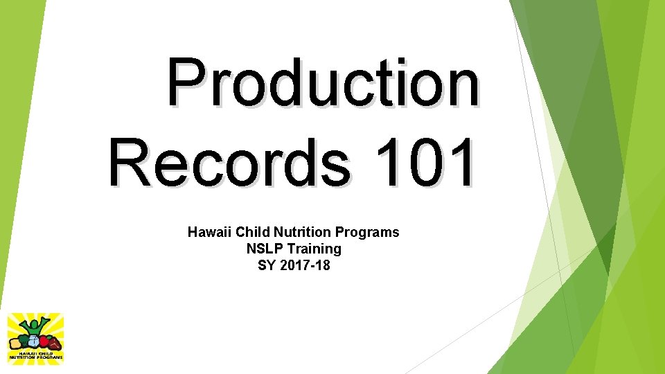 Production Records 101 Hawaii Child Nutrition Programs NSLP Training SY 2017 -18 