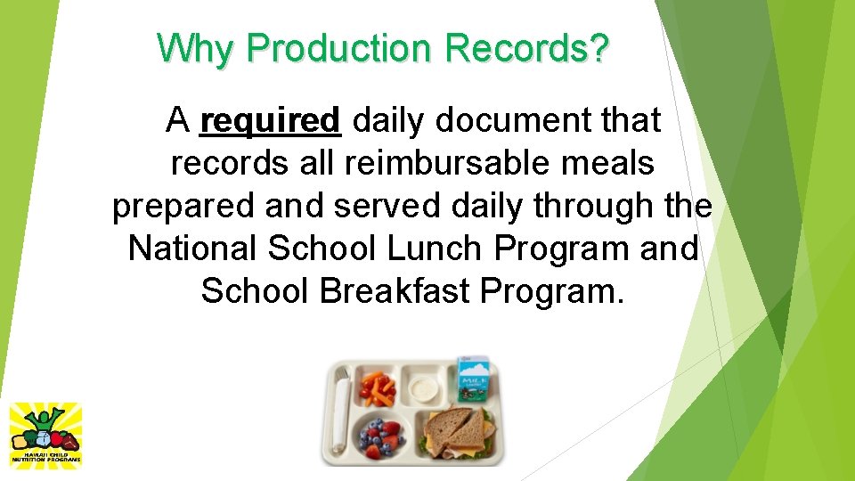 Why Production Records? A required daily document that records all reimbursable meals prepared and