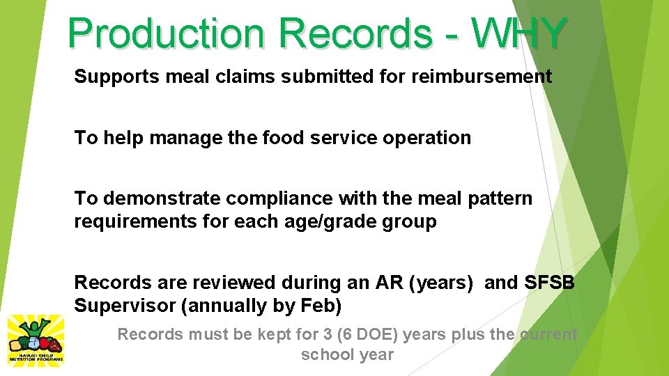 Production Records - WHY Supports meal claims submitted for reimbursement To help manage the