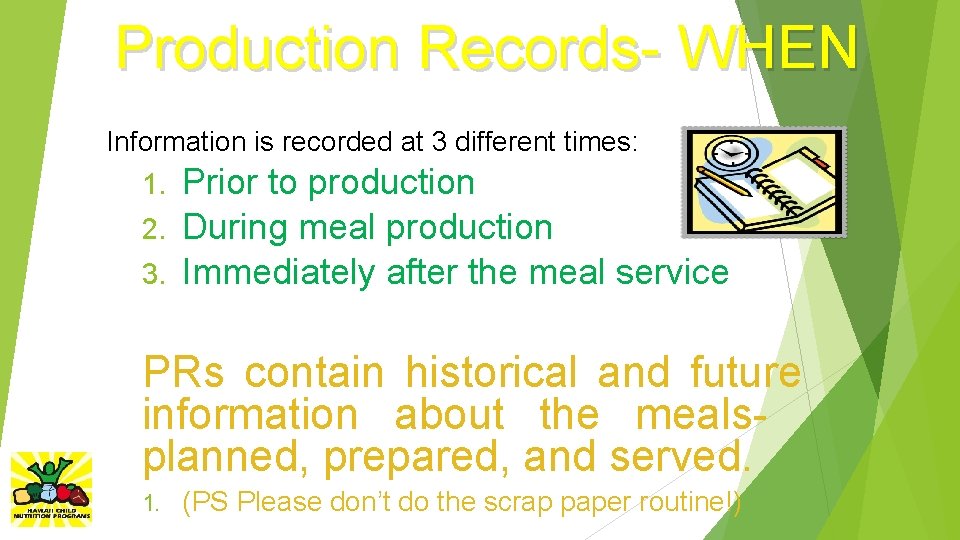 Production Records- WHEN Information is recorded at 3 different times: Prior to production 2.