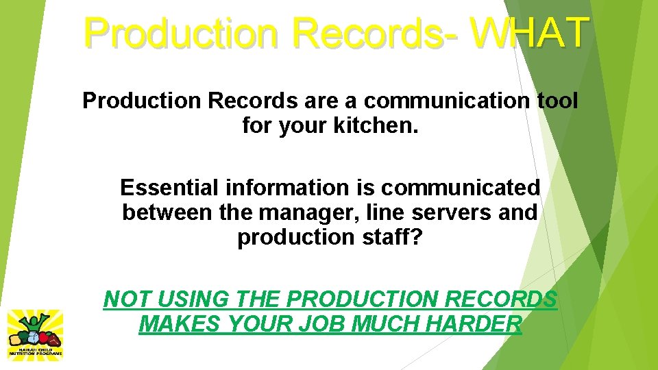 Production Records- WHAT Production Records are a communication tool for your kitchen. Essential information