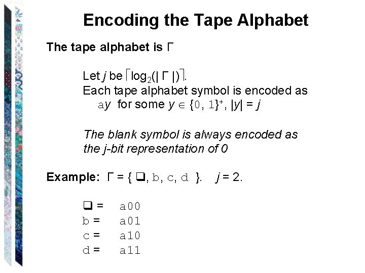 Encoding the Tape Alphabet The tape alphabet is Γ Let j be log 2(|
