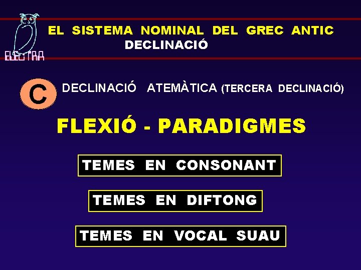 EL SISTEMA NOMINAL DEL GREC ANTIC DECLINACIÓ ATEMÀTICA (TERCERA DECLINACIÓ) FLEXIÓ - PARADIGMES TEMES