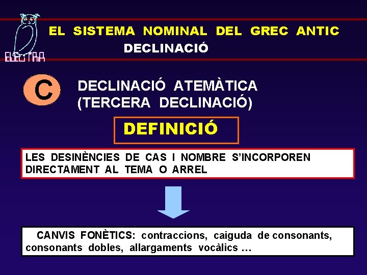 EL SISTEMA NOMINAL DEL GREC ANTIC DECLINACIÓ ATEMÀTICA (TERCERA DECLINACIÓ) DEFINICIÓ LES DESINÈNCIES DE