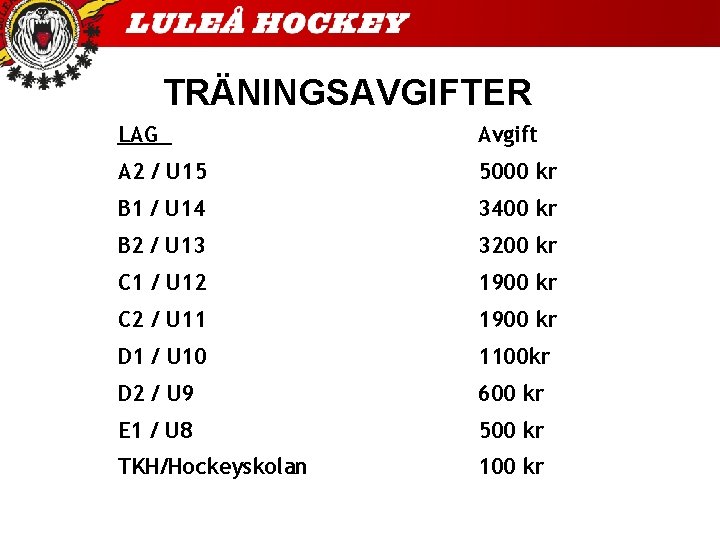 TRÄNINGSAVGIFTER LAG Avgift A 2 / U 15 5000 kr B 1 / U