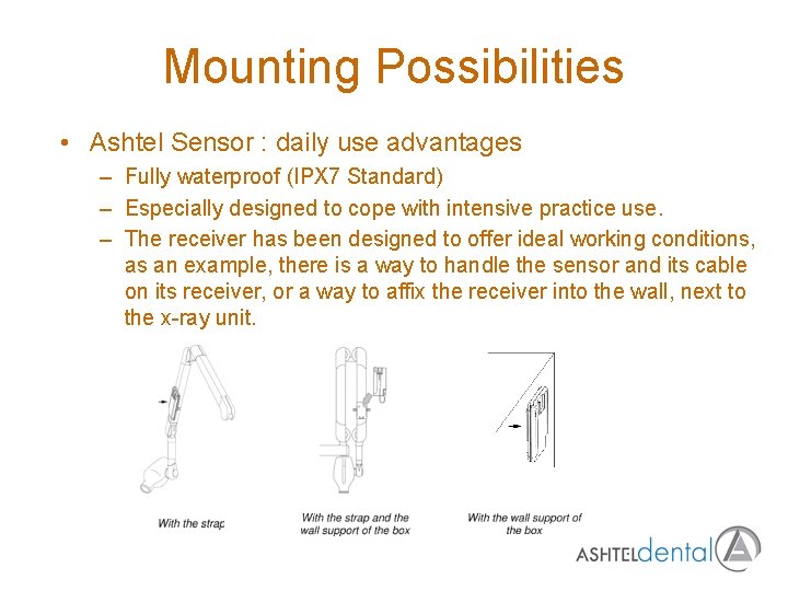 Mounting Possibilities • Ashtel Sensor : daily use advantages – Fully waterproof (IPX 7