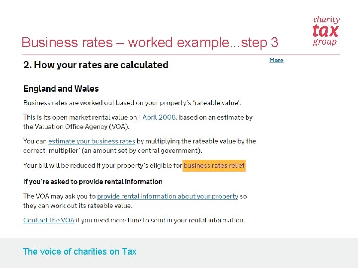 Business rates – worked example. . . step 3 The voice of charities on