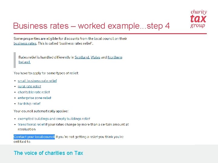 Business rates – worked example. . . step 4 The voice of charities on