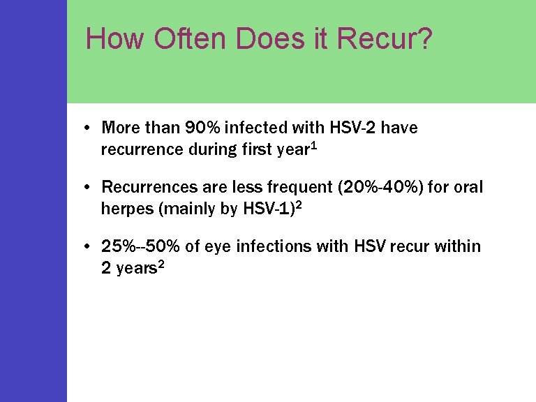 How Often Does it Recur? • More than 90% infected with HSV-2 have recurrence