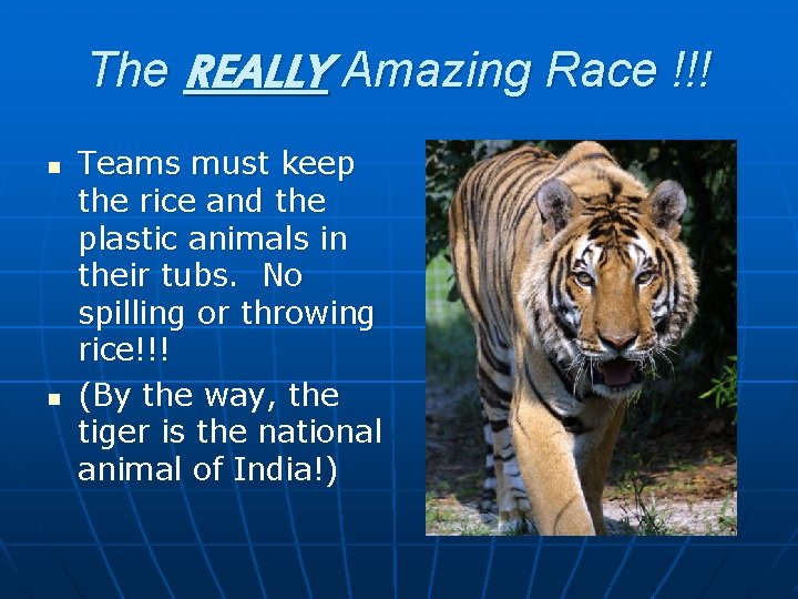 The REALLY Amazing Race !!! n n Teams must keep the rice and the