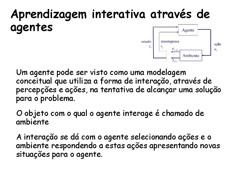 Aprendizagem interativa através de agentes • Um agente pode ser visto como uma modelagem