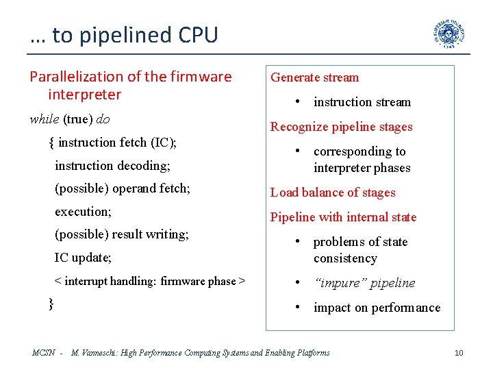 … to pipelined CPU Parallelization of the firmware interpreter while (true) do instruction fetch