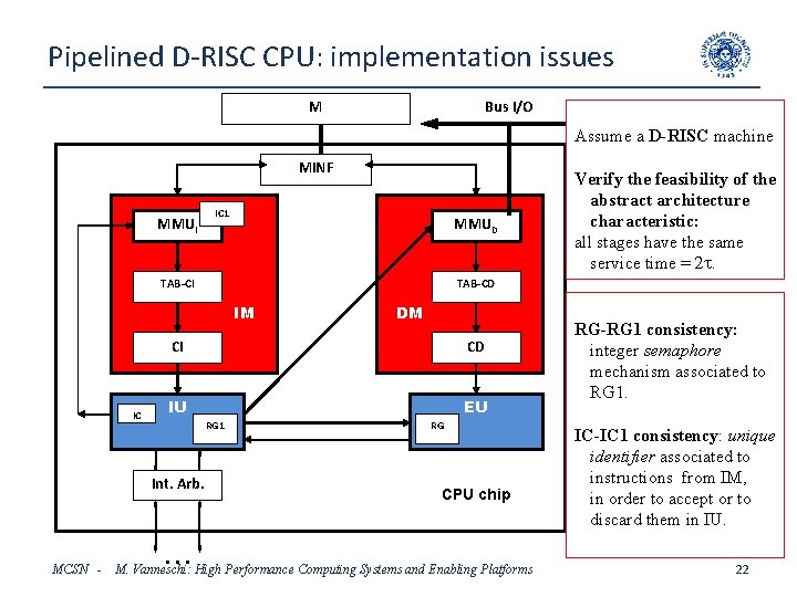 Pipelined D-RISC CPU: implementation issues M Bus I/O Assume a D-RISC machine MINF MMUI