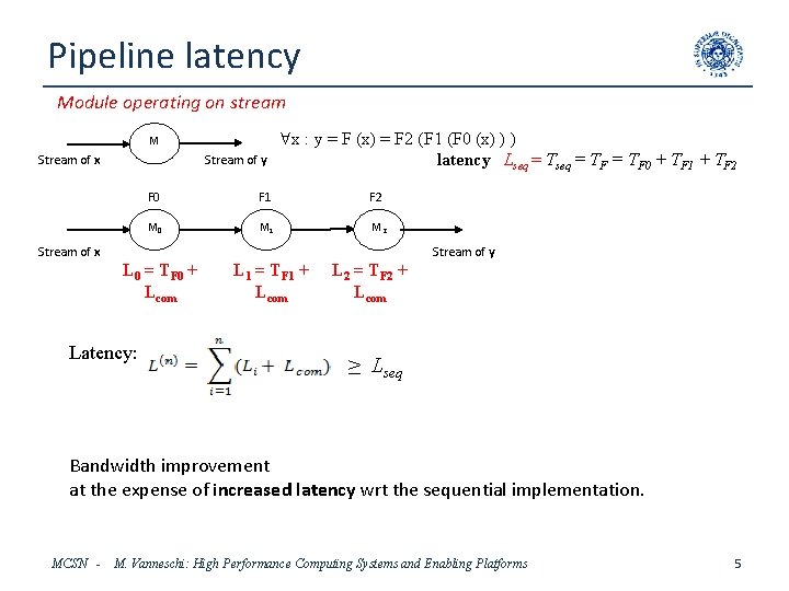 Pipeline latency Module operating on stream M Stream of x Stream of y "x