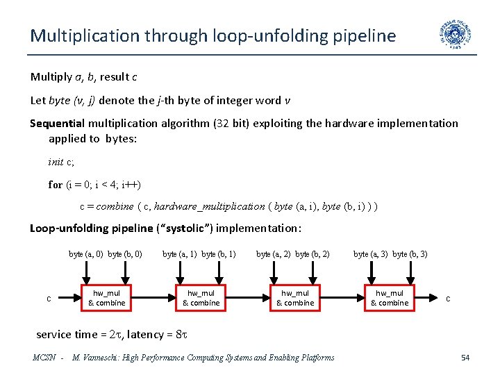 Multiplication through loop-unfolding pipeline Multiply a, b, result c Let byte (v, j) denote