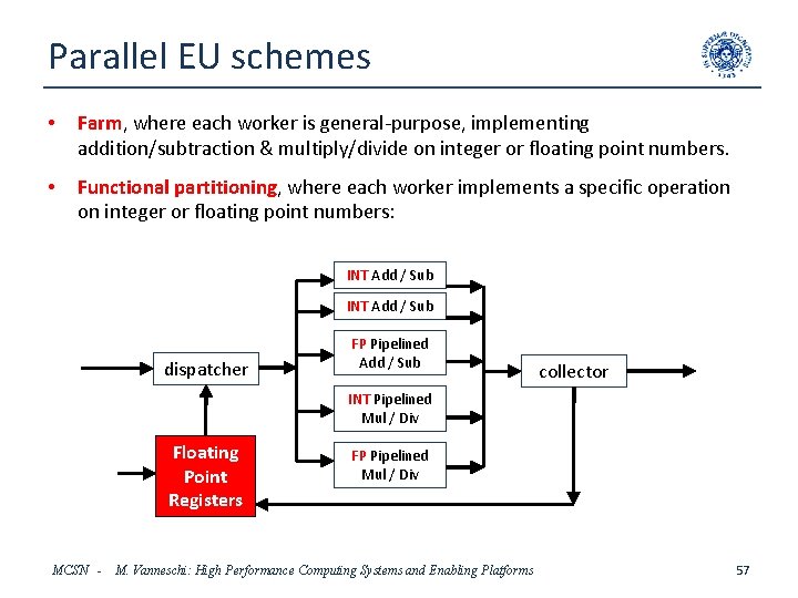 Parallel EU schemes • Farm, where each worker is general-purpose, implementing addition/subtraction & multiply/divide