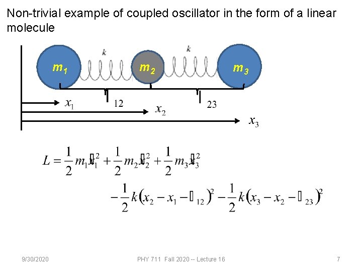 Non-trivial example of coupled oscillator in the form of a linear molecule m 1