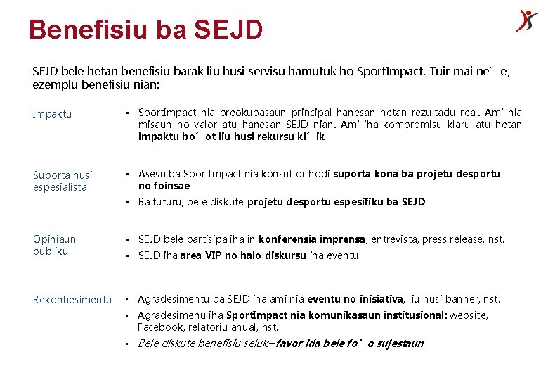 Benefisiu ba SEJD bele hetan benefisiu barak liu husi servisu hamutuk ho Sport. Impact.