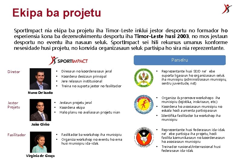 Ekipa ba projetu Sport. Impact nia ekipa ba projetu iha Timor-Leste inklui jestor desportu