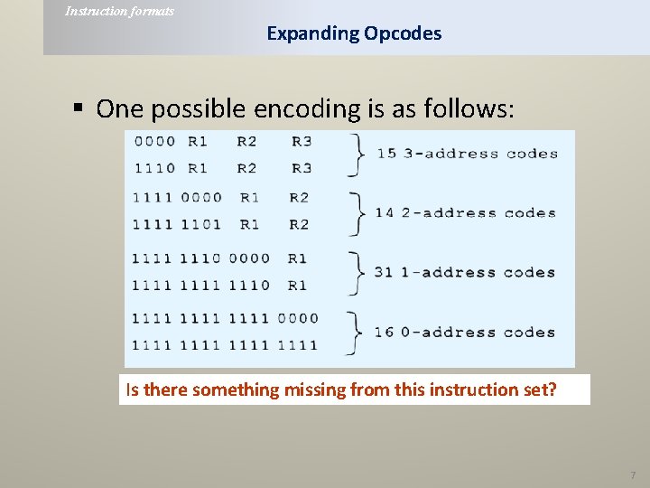 Instruction formats Expanding Opcodes § One possible encoding is as follows: Is there something Instruction formats Expanding Opcodes § One possible encoding is as follows: Is there something