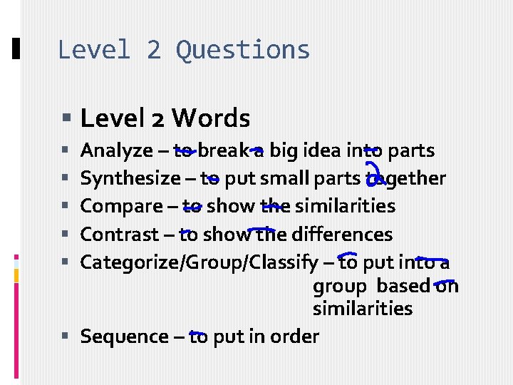 Level 2 Questions Level 2 Words Analyze – to break a big idea into