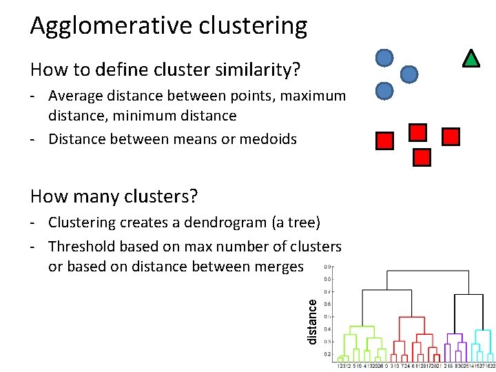 Agglomerative clustering How to define cluster similarity? - Average distance between points, maximum distance,