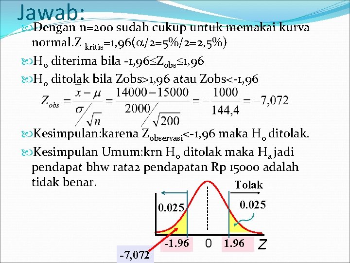 Jawab: Dengan n=200 sudah cukup untuk memakai kurva normal. Z kritis=1, 96( /2=5%/2=2, 5%)