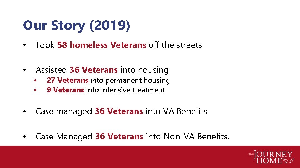 Our Story (2019) • Took 58 homeless Veterans off the streets • Assisted 36
