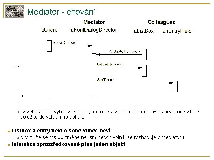 Mediator - chování čas ❑ ■ Listbox a entry field o sobě vůbec neví