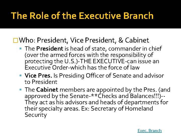 The Role of the Executive Branch �Who: President, Vice President, & Cabinet The President The Role of the Executive Branch �Who: President, Vice President, & Cabinet The President