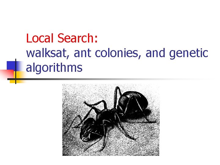Local Search: walksat, ant colonies, and genetic algorithms 