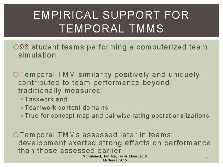 EMPIRICAL SUPPORT FOR TEMPORAL TMMS 98 student teams performing a computerized team simulation Temporal