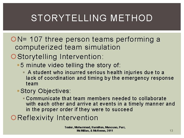 STORYTELLING METHOD N= 107 three person teams performing a computerized team simulation Storytelling Intervention: