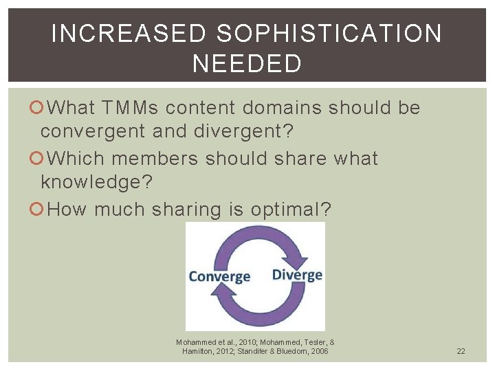 INCREASED SOPHISTICATION NEEDED What TMMs content domains should be convergent and divergent? Which members